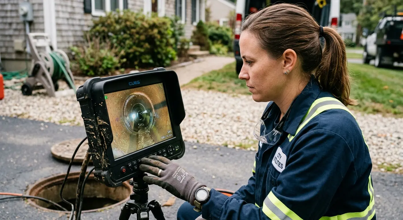 Technician reviewing sewer camera inspection footage in Aurora